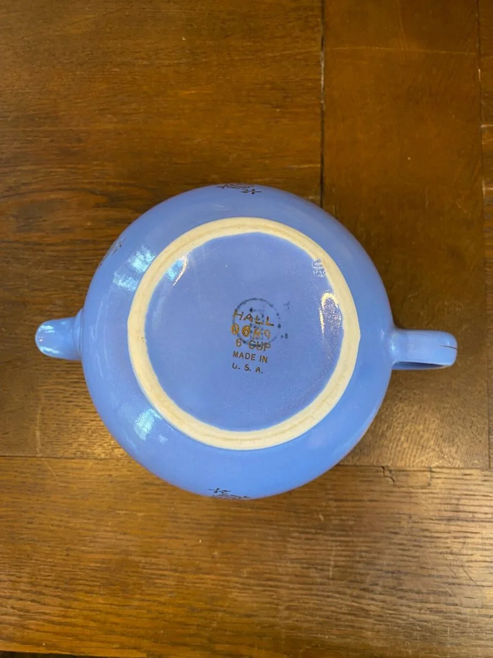 Vintage 1940's Hall China 6-cup Windshield Teapot Cadet Blue w/Gold Rose Motif